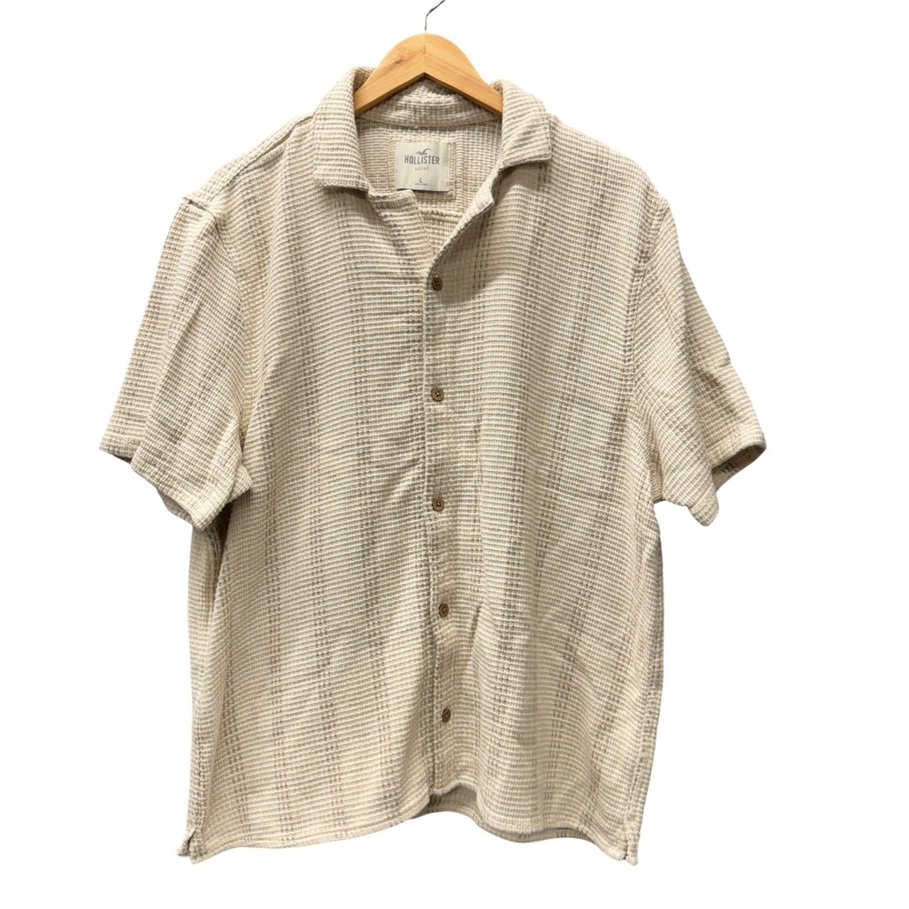 Hollister Camp Shirt Mens Large Boxy Fit Cream Textured Button Up Resort Coastal
